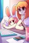  2girls animal_ears artist_name black_eyes brown_hair bunny bunny_ears bunny_girl cellphone fiz_(fizintine) fizintine glasses highres holding holding_stylus indoors keyboard_(computer) looking_away luna_(fizintine) monitor multiple_girls original phone pink_hair rectangular_eyewear semi-rimless_eyewear shirt short_hair smartphone stylus under-rim_eyewear white_shirt 