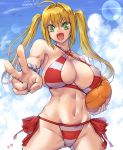  1girl ahoge amania_orz artist_name ball beachball bikini blonde_hair cloud cloudy_sky criss-cross_halter dated earrings fate/grand_order fate_(series) green_eyes halterneck holding holding_ball jewelry looking_at_viewer navel nero_claudius_(fate)_(all) nero_claudius_(swimsuit_caster)_(fate) open_mouth sky solo striped striped_bikini striped_swimsuit swimsuit twintails v 
