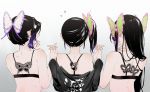  3girls back bare_shoulders black_bra black_hair black_shirt bra butterfly_hair_ornament character_request check_character flying_sweatdrops from_behind gradient gradient_background gradient_hair grey_background hair_ornament kimetsu_no_yaiba kochou_kanae kochou_shinobu long_hair long_sleeves multicolored_hair multiple_girls nape neko_(ganecooo) off-shoulder_shirt off_shoulder one_side_up purple_hair shirt smile tsuyuri_kanao underwear 