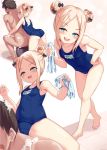  1boy 1girl :d abigail_williams_(fate/grand_order) ass back bangs bare_shoulders barefoot bath bathing black_bow blonde_hair blue_eyes blue_swimsuit blush bow breasts clothed_female_nude_male collarbone commentary_request double_bun eyebrows_visible_through_hair fate/grand_order fate_(series) hair_bow highres holding leaning_forward legs looking_at_viewer multiple_views name_tag nude old_school_swimsuit one-piece_swimsuit open_mouth orange_bow parted_bangs polka_dot polka_dot_bow profile school_swimsuit seductive_smile shimokirin short_hair simple_background sitting small_breasts smile soap_bubbles swimsuit towel white_background 