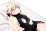  1girl artoria_pendragon_(all) black_ribbon blonde_hair blush breasts cleavage_cutout fate/grand_order fate_(series) hand_on_own_stomach highres looking_at_viewer lying on_back ribbon saber_alter sii_artatm small_breasts solo thighs tongue tongue_out white_background yellow_eyes 