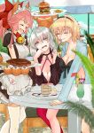  3girls absurdres ahoge animal_ear_fluff animal_ears apron artist_request bell bell_collar bikini black_bikini black_choker black_gloves black_hairband black_jacket blue_jacket braid breasts choker cleavage closed_eyes collar collarbone cropped_jacket eyebrows_visible_through_hair fangs fate/grand_order fate_(series) food fox_ears fox_girl fox_tail french_fries front-tie_bikini front-tie_top gloves hair_ribbon hairband highres hood hooded_jacket jacket jeanne_d&#039;arc_(alter_swimsuit_berserker) jeanne_d&#039;arc_(fate)_(all) jeanne_d&#039;arc_(swimsuit_archer) jingle_bell large_breasts long_braid long_hair multiple_girls o-ring o-ring_bikini o-ring_bottom o-ring_top outdoors paw_gloves paw_shoes paws pink_hair ponytail red_legwear red_ribbon ribbon shoes shrug_(clothing) silver_hair single_braid single_thighhigh steak swimsuit tail tamamo_(fate)_(all) tamamo_cat_(fate) thighhighs very_long_hair whistle whistle_around_neck white_legwear yellow_eyes 