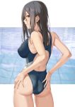  1girl armpits ass back_cutout banned_artist bare_arms bare_shoulders black_hair blue_swimsuit breasts brown_eyes competition_swimsuit cowboy_shot hands_on_own_ass highres ikomochi large_breasts long_hair looking_at_viewer looking_back one-piece_swimsuit original parted_lips profile solo standing swimsuit thighs water 