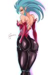  1girl absurdres ass blue_hair bodysuit dated earrings hands_on_own_ass highres jewelry long_hair looking_at_viewer looking_back pointy_ears ryouko_(tenchi_muyou!) solo spiked_hair sugishin46 tenchi_muyou! torn_bodysuit torn_clothes white_background yellow_eyes 