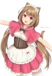  1girl :3 :d animal_ear_fluff animal_ears apron brown_hair capelet cat_ears cat_tail cowboy_shot frilled_skirt frills hood hood_down hooded_capelet long_hair looking_at_viewer low_twintails maid_headdress open_mouth original outstretched_arms pink_capelet pink_eyes pink_skirt pleated_skirt sasaame skirt smile solo spread_arms standing tail thighhighs twintails twitter_username underbust very_long_hair white_apron white_legwear 