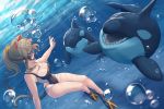  1girl 2others air_bubble animal_ears arukiru black_swimsuit breasts bubble casual_one-piece_swimsuit cat_ears cat_tail cleavage commentary_request diving_mask flippers freediving full_body highres large_breasts multiple_others one-piece_swimsuit orca original swimsuit tail underwater underwear underwear_only 