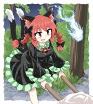  1girl animal_ears black_bow black_dress black_ribbon bow braid cat_ears cat_tail chups dress extra_ears eyebrows_visible_through_hair fang frilled_dress frilled_sleeves frills green_frills hair_bow highres hitodama kaenbyou_rin long_sleeves multiple_tails neckwear outdoors red_eyes red_hair red_neckwear ribbon tail touhou twin_braids two_tails wheelbarrow 