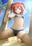  bikini bikini_bottom bikini_top blue_bikini blush green_eyes highres hoshizora_rick kokoro_magic_a_to_z kurosawa_ruby legs love_live! love_live!_sunshine!! nail_polish outdoors red_hair swimsuit 