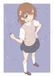  1girl absurdres biribiri border brown_eyes brown_footwear brown_hair closed_mouth coin collared_shirt donguri_suzume flower from_above full_body hair_flower hair_ornament hand_on_hip highres holding loafers looking_at_viewer misaka_mikoto purple_background shirt shoes short_hair short_sleeves simple_background smile smug socks solo standing sweater_vest to_aru_majutsu_no_index white_border white_legwear white_shirt wing_collar 