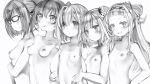 5girls :t absurdres amane_kanata angel_wings arms_at_sides bangs blunt_bangs blush bow breast_conscious breasts bust_chart closed_mouth double_bun embarrassed empty_eyes eyebrows_visible_through_hair feathered_wings glasses greyscale hair_bow hair_bun hair_ornament hand_on_hip highres hololive long_hair looking_at_viewer medium_breasts medium_hair mini_wings monochrome multiple_girls murasaki_shion nanashi_(nlo74593630) natsuiro_matsuri nipples nude one_side_up opaque_glasses own_hands_together short_hair simple_background single_hair_intake skull_hair_ornament small_breasts smile smug sweatdrop upper_body uruha_rushia white_background wings yuujin_a_(tokino_sora_channel) 
