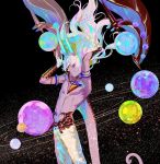  1boy abs arjuna_alter bangs bare_shoulders bonzon_e chest earth fate/grand_order fate_(series) floating_hair from_side gloves glowing glowing_horn gradient gradient_hair hair_between_eyes jupiter_(planet) male_focus mars_(planet) mercury_(planet) multicolored_hair navel neptune_(planet) open_mouth planet planetary_ring saturn_(planet) shirtless sky solo space sphere star_(sky) starry_sky tail upper_body uranus_(planet) vambraces venus_(planet) white_hair 