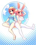  2girls absurdres animal_ears arm_up bangs black_eyes blue_shirt blush breasts brown_hair bunny_ears bunny_girl bunny_tail character_name cleavage closed_mouth collarbone eyebrows_visible_through_hair fiz_(fizintine) fizintine full_body glasses hair_bun hair_ribbon heart highres jewelry large_breasts looking_at_viewer luna_(fizintine) medium_breasts multiple_girls necklace off-shoulder_shirt off_shoulder open_mouth original pantyhose pink_hair pink_shorts rectangular_eyewear red_ribbon ribbon shirt short_shorts shorts smile swept_bangs tail upper_teeth white_legwear white_shorts 