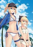  2girls :d ahoge artoria_pendragon_(all) bare_shoulders baseball_cap bikini_skirt black_bow blonde_hair blue_choker blue_eyes blue_scarf bow breasts choker cleavage cloud cloudy_sky collarbone commentary_request cross_(crossryou) day fate/grand_order fate_(series) hair_between_eyes hair_bow hat jacket long_hair looking_at_viewer medium_breasts multiple_girls mysterious_heroine_x open_mouth outdoors ponytail saber_lily scarf shorts sky smile thigh_strap 