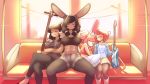  4girls abs absurdres animal_ears arm_around_shoulder arms_under_breasts black_hair black_legwear blush breast_lift breasts brown_hair brown_shorts bunny_ears bunny_girl closed_eyes collarbone crop_top crossed_arms crossed_legs emi_(fizintine) facing_viewer fiz_(fizintine) fizintine glasses guitar highres holding holding_instrument instrument large_breasts luna_(fizintine) multiple_girls navel original pantyhose pleated_skirt rectangular_eyewear shikoke_(fizintine) short_shorts shorts sitting skirt sleeping smile spread_legs tall_female tan train_interior yellow_skirt 