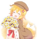  1girl :d ^_^ afterimage animal_ear_fluff animal_ears apron araki495 bangs blonde_hair blush bow brown_apron brown_coat brown_headwear cabbie_hat closed_eyes coat coat_on_shoulders commentary_request eyebrows_visible_through_hair fang flower fox_ears fox_girl fox_tail hair_between_eyes hair_flower hair_ornament hat highres japanese_clothes kimono long_sleeves open_mouth red_bow red_flower ribbon-trimmed_sleeves ribbon_trim senko_(sewayaki_kitsune_no_senko-san) sewayaki_kitsune_no_senko-san smile solo tail tail_wagging white_kimono wide_sleeves 