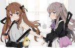  2girls animal_bag bag bangs black_dress black_ribbon black_skirt black_straps brown_eyes brown_hair buttons commentary_request dress frilled_neckwear frilled_sleeves frills girls_frontline grey_hair gun h&amp;k_ump h&amp;k_ump45 h&amp;k_ump9 hair_ornament hair_ribbon hairclip heckler_&amp;_koch highres holding holding_strap long_hair long_sleeves looking_at_another looking_at_viewer multiple_girls necktie open_mouth over_shoulder parted_lips partial_commentary pink_bag plant pocket potted_plant purple_neckwear ribbon scar scar_across_eye shiny shiny_hair shirt shoulder_bag siblings side_ponytail sisters skirt sleeve_hold sleeve_pull sleeveless sleeveless_shirt smile strap stuffed_animal stuffed_dog stuffed_toy submachine_gun tagme teeth twins twintails two-tone_dress ump45_(girls_frontline) ump9_(girls_frontline) weapon weapon_on_back white_dress white_shirt window yellow_eyes younger yuki_hotaru 