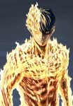  1boy agni_(fire_punch) black_eyes black_hair burning fire fire_punch flaming_eye grey_background highres looking_at_viewer male_focus red-core_timber simple_background solo standing upper_body 
