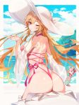  1girl absurdres ass azur_lane backless_swimsuit bare_shoulders blonde_hair breasts cloud day from_behind hand_up hat highres holding large_breasts long_hair looking_at_viewer looking_back munseonghwa ocean off_shoulder one-piece_swimsuit one_eye_closed outdoors parfait pink_swimsuit red_eyes richelieu_(azur_lane) richelieu_(flagship_in_the_sea_breeze)_(azur_lane) solo sun_hat swimsuit very_long_hair white_headwear 