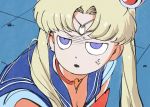  1girl anger_vein bishoujo_senshi_sailor_moon blonde_hair blue_sailor_collar breasts choker cleavage derivative_work diadem fusion hair_ornament heart heart_choker highres jitome one_(style) parted_lips purple_eyes red_choker sailor_collar sailor_moon sailor_moon_redraw_challenge school_uniform screencap_redraw serafuku shirt solo tatsumaki the_golden_smurf twintails white_shirt 