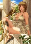  1girl bare_shoulders blue_sky breasts brown_eyes brown_hair cleavage cloud column crossed_legs dress earrings garden greek_mythology headpiece jewelry large_breasts original pillar pink_lips ryou_(pix_gallerio) sandals short_hair sky temple 