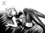  1girl arm_up artist_name azumi_(girls_und_panzer) bad_id bad_twitter_id bangs bed_sheet boyshort_panties bra commentary dated garter_straps girls_und_panzer greyscale hairanworkshop halftone heart_cutout highres lace lace-trimmed_bra lace-trimmed_legwear lace-trimmed_shirt legs_up lingerie looking_at_viewer lying monochrome on_back panties parted_lips shirt short_hair signature thighhighs twitter_username underwear 