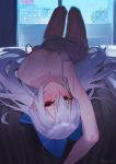  1girl :o arm_up armpits bangs bed blue_bow blush bow breasts building city collarbone dark dress girls_frontline glass_door hair_bow indoors juz knees_up long_hair looking_at_viewer lying on_back on_bed parted_lips rain red_eyes silver_hair small_breasts solo spaghetti_strap strap_slip tokarev_(girls_frontline) twitter_username upside-down window 