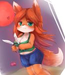  1girl animal_ears blue_shorts blush breasts brown_hair bunny_ears cleavage commentary_request crop_top fake_animal_ears fang fox_ears fox_girl fox_tail furry green_eyes green_tank_top hairband heart highres long_hair midriff shorts smile solo sunapua tail tank_top terraria zoologist_(terraria) 