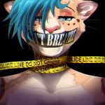  1:1 2020 ambiguous_gender anthro biped black_background blue_hair brown_markings bust_portrait cheek_tuft digital_drawing_(artwork) digital_media_(artwork) duct_tape english_text eyebrows facial_markings facial_tuft felid feline front_view fur fur_markings fur_tuft grey_eyes hair half-closed_eyes head_markings hi_res inner_ear_fluff lol_comments looking_at_viewer mammal markings mostly_nude multicolored_body multicolored_fur narrowed_eyes pink_nose police_tape politics portrait restrained short_hair simple_background skai_mizrahi solo standing tan_body tan_fur tape tartii text tuft whiskers white_text 