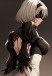  1girl ameno_shigure backless_outfit bangs black_background blindfold breasts closed_mouth commentary feather_trim feathers gradient gradient_background hairband leotard lips long_sleeves medium_breasts nier_(series) nier_automata puffy_sleeves shiny shiny_clothes short_hair simple_background solo upper_body white_hair yorha_no._2_type_b 
