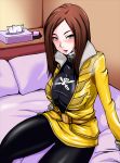  1girl belt breasts brown_hair gloves gokai_yellow kaizoku_sentai_gokaiger long_hair looking_at_viewer midori_(bar_midori) pantyhose solo super_sentai tissue_box 