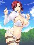  1girl abu bikini blue_sky boudica_(fate/grand_order) breasts day fate/grand_order fate_(series) green_eyes highres juliet_sleeves large_breasts long_sleeves o-ring o-ring_bikini o-ring_bottom o-ring_top one_eye_closed outdoors puffy_long_sleeves puffy_sleeves red_hair short_ponytail shrug_(clothing) sky solo swimsuit thigh_strap white_bikini 