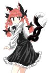  1girl :3 alternate_costume animal_ears bare_legs black_bow black_dress black_neckwear black_ribbon bow braid cat_ears chups cowboy_shot dress extra_ears eyebrows_visible_through_hair frilled_dress frills highres kaenbyou_rin long_sleeves multiple_tails red_eyes red_hair red_nails ribbon solo tail touhou twin_braids two_tails white_background white_frills white_sleeves 