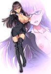  1girl black_footwear boots breasts commentary commentary_request glasses highres long_hair looking_at_viewer mizore_syrup mole mole_on_breast mole_under_mouth nipples office_lady original solo thigh_boots thighhighs zoom_layer 