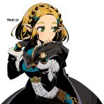  1girl :&lt; artist_name black_cape black_gloves blonde_hair blush braid breasts bright_pupils cape closed_mouth commentary crown_braid english_commentary fingerless_gloves forehead gem gloves green_eyes hair_ornament hairclip hood hood_down hooded_cape long_sleeves looking_back medium_breasts pikat pointy_ears princess_zelda puffy_long_sleeves puffy_sleeves short_hair sidelocks solo the_legend_of_zelda the_legend_of_zelda:_breath_of_the_wild the_legend_of_zelda:_breath_of_the_wild_2 triforce upper_body 