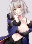  1girl ahoge bangs black_bra blush bra breasts cleavage collarbone fate/grand_order fate_(series) grey_background hand_up jeanne_d&#039;arc_(alter)_(fate) jeanne_d&#039;arc_(fate)_(all) jewelry long_sleeves necklace rain_(nadroj31) short_hair silver_hair simple_background smile solo underwear yellow_eyes zipper 