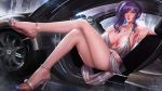  1girl azur_lane backless_dress backless_outfit bangs bare_shoulders blue_hair blue_nails blush bracelet breasts building car car_interior cityscape cleavage crossed_legs dress earrings english_commentary evening_gown grey_dress ground_vehicle hair_ornament hairclip halter_dress high_heels jewelry kaze_no_gyouja large_breasts legs looking_at_viewer motor_vehicle nail_polish necklace night night_sky outdoors parted_lips pink_eyes plunging_neckline revealing_clothes shiny side_ponytail sidelocks silver_dress sky skyscraper st._louis_(azur_lane) st._louis_(luxurious_wheels)_(azur_lane) thighs updo vehicle 