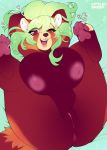  &lt;3 4_toes ailurid anthro anus big_breasts breasts brown_body brown_fur butt claws feet female fur genitals green_hair hair hands_behind_head hi_res huge_breasts inverted_nipples littlesheep long_hair looking_at_viewer lying mammal nipples nude on_back one_eye_closed open_mouth pawpads pussy red_panda slightly_chubby solo thick_thighs toe_claws toes 