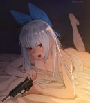  1girl airsoft ass bare_shoulders blue_bow blush bow breasts cleavage collarbone commentary feet_up girls_frontline gun hair_bow handgun juz long_hair looking_at_viewer lying medium_breasts nude on_bed on_stomach open_mouth red_eyes shiny shiny_skin sidelocks solo symbol_commentary tokarev_(girls_frontline) tokarev_tt-33 translation_request twitter_username under_covers very_long_hair weapon white_hair 