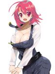  1girl ahoge blaze_(artist) blue_overalls blush breasts cleavage cow_girl_(goblin_slayer!) goblin_slayer! highres large_breasts looking_at_viewer open_mouth overalls red_eyes red_hair shiny shiny_hair shiny_skin short_hair simple_background smile solo standing white_background 