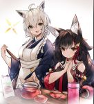  2girls :d ahoge alternate_costume alternate_hairstyle animal_ear_fluff animal_ears apron bell black_hair blue_kimono braid breasts choker commentary cowboy_shot crop_top detached_sleeves drink earrings enmaided eyebrows_visible_through_hair eyelashes fox_ears green_eyes hair_between_eyes hair_ornament hands_together hololive japanese_clothes jewelry kimono kouhaku_nawa long_hair looking_at_viewer maid majo_(pastamajo) medium_breasts multicolored_hair multiple_girls ookami_mio open_mouth pot red_choker red_hair shirakami_fubuki side_braids simple_background sitting smile streaked_hair table twin_braids two-tone_hair virtual_youtuber waitress white_background wide_sleeves wolf_ears yellow_eyes 