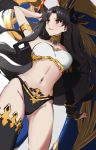 1girl black_hair black_legwear black_ribbon breasts earrings fate/grand_order fate_(series) hair_ribbon hand_up heavenly_boat_maanna hoop_earrings ishtar_(fate)_(all) ishtar_(fate/grand_order) jewelry long_hair looking_away looking_to_the_side medium_breasts navel open_mouth rain_(nadroj31) red_eyes ribbon single_thighhigh smile solo thighhighs two_side_up 