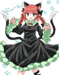  1girl animal_ears bare_legs black_bow black_dress black_footwear black_ribbon bow braid cat_ears chups dress extra_ears eyebrows_visible_through_hair fang footprints frilled_dress frills green_frills highres kaenbyou_rin multiple_tails red_eyes red_hair red_nails red_neckwear ribbon solo tail touhou twin_braids two_tails white_background 