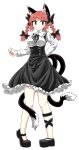  1girl alternate_costume animal_ears bare_legs black_bow black_dress black_footwear black_neckwear black_ribbon bow braid cat_ears chups dress extra_ears eyebrows_visible_through_hair frilled_dress frills highres kaenbyou_rin long_sleeves looking_at_viewer multiple_tails red_eyes red_hair red_nails ribbon solo tail touhou twin_braids two_tails white_background white_frills white_sleeves 