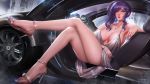  1girl alternate_hair_color azur_lane backless_dress backless_outfit bangs bare_shoulders blush bracelet breasts building car car_interior cityscape cleavage crossed_legs dress earrings evening_gown grey_dress ground_vehicle hair_between_eyes hair_ornament hairclip halter_dress high_heels jewelry kaze_no_gyouja large_breasts legs looking_at_viewer motor_vehicle nail_polish necklace night night_sky outdoors parted_lips pink_eyes plunging_neckline purple_hair purple_nails revealing_clothes shiny side_ponytail sidelocks silver_dress sitting sky skyscraper st._louis_(azur_lane) st._louis_(luxurious_wheels)_(azur_lane) thighs toenail_polish toes updo vehicle 