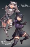  2girls action animal_ears animal_print black_hair black_jaguar_(kemono_friends) black_legwear black_neckwear blue_eyes boots bow bowtie center_frills commentary_request elbow_gloves eyebrows_visible_through_hair garter_straps gloves high-waist_skirt highres jaguar_ears jaguar_print jaguar_tail kemono_friends midair multicolored_hair multiple_girls necktie open_mouth plaid plaid_neckwear plaid_skirt plaid_trim pleated_skirt print_legwear print_skirt purple_shirt shirt short_hair short_sleeves skirt tadano_magu tail thighhighs tiger_ears tiger_girl tiger_print tiger_tail translation_request white_gloves white_hair white_legwear white_shirt white_tiger_(kemono_friends) white_tiger_print zettai_ryouiki 