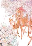  1girl absurdres artist_name centauroid cherry_blossoms closed_eyes day deer deer_girl fawn flower highres hug hug_from_behind looking_at_another outdoors red_hair short_hair spring_(season) white_background zlj 
