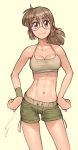  1girl abs bangs bare_shoulders beige_background blush breasts brown_hair cleavage clenched_hands closed_mouth collarbone contrapposto crop_top drawstring english_commentary eyebrows_visible_through_hair fio_germi glasses green_shorts groin halterneck hands_on_hips happy highres light_blush long_hair looking_at_viewer medium_breasts metal_slug navel ponytail ribbon-trimmed_shorts ribbon_trim round_eyewear shiny shiny_skin short_shorts shorts sidelocks simple_background smile solo standing stomach sweat sweatband tied_hair toned wamudraws 