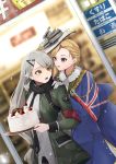  2girls :d annoyed azur_lane birthday black_scarf blonde_hair blue_capelet blue_eyes blue_shirt blue_skirt blurry blurry_background buttons cake capelet commentary cravat crossover earrings food fur fur_collar fur_trim girls_frontline gloves hand_on_another&#039;s_shoulder hands_up hat head_to_head highres holding hood_(azur_lane) jewelry long_hair long_sleeves looking_at_another merry_christmas mg4_(girls_frontline) military military_uniform multiple_girls open_clothes open_mouth outdoors pocket scarf shirt shiryuu_akira silver_hair skirt skirt_set smile uniform union_jack upper_body very_long_hair white_gloves white_hair white_shirt yellow_eyes 