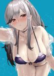 1girl azur_lane bangs bare_shoulders batsu bikini blue_background blush breasts brown_eyes choker cleavage collarbone commentary_request dunkerque_(azur_lane) dunkerque_(summer_sucre)_(azur_lane) eyebrows_visible_through_hair front-tie_bikini front-tie_top grey_hair hanging_breasts highres large_breasts leaning_forward long_hair looking_at_viewer multicolored_hair navel pale_skin parted_lips ponytail purple_bikini sidelocks silver_hair swimsuit thighs wet 