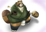 2020 absurd_res anthro asian_clothing balls belly brown_body brown_fur bulge canid canine clothing east_asian_clothing fundoshi fur genitals gyobu hi_res humanoid_hands japanese_clothing kemono male mametanu_tanuki mammal overweight overweight_male raccoon_dog robe scar simple_background solo tanuki tokyo_afterschool_summoners underwear video_games weapon 